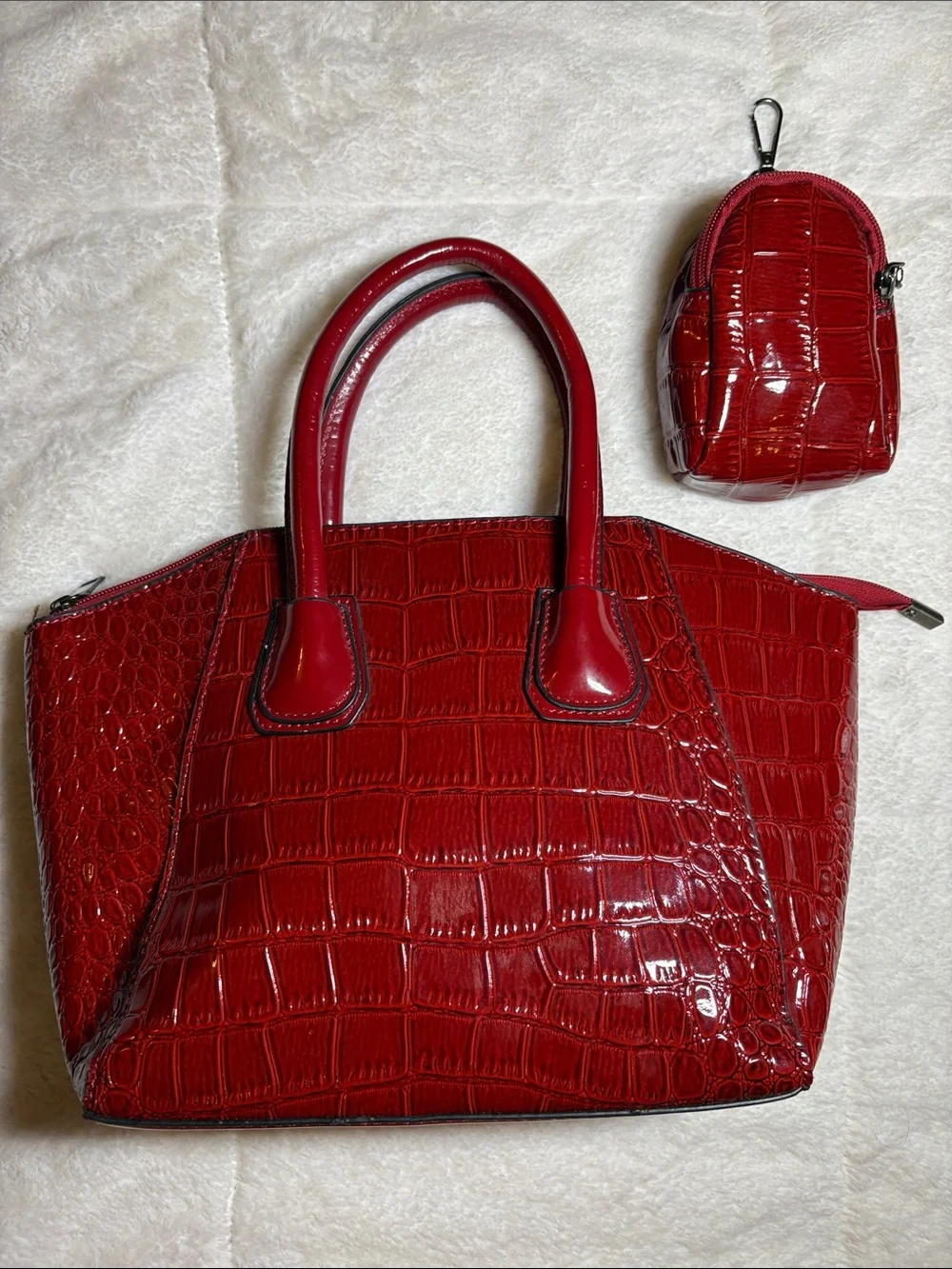 Red Croc-Embossed Bag with Matching Pouch